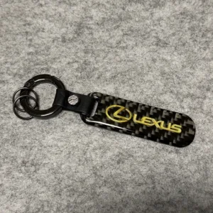 Real Carbon Fiber+ Black Leather Keychain Car Key Fob Key Ring Gold for Lexus